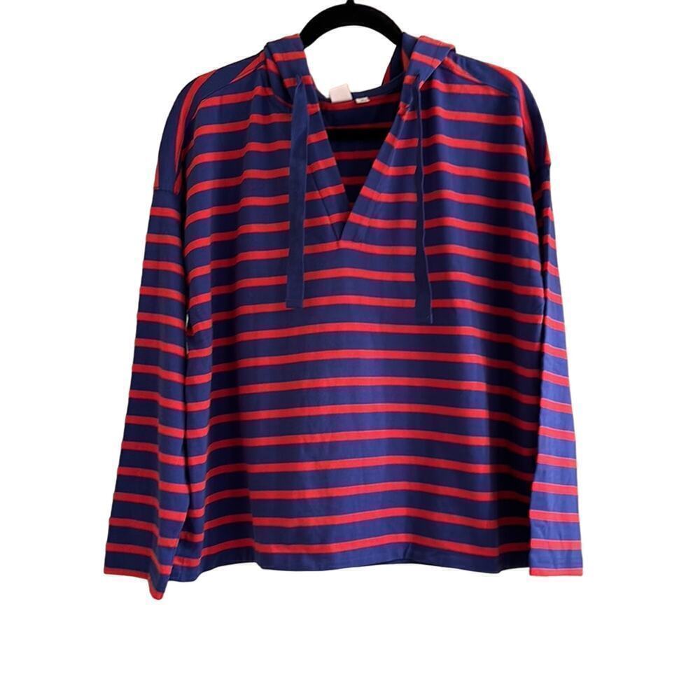 Gap Women’s Boxy Oversized Striped Long Sleeve V-Neck Hoodie Sz L Blue and Red - Picture 2 of 6
